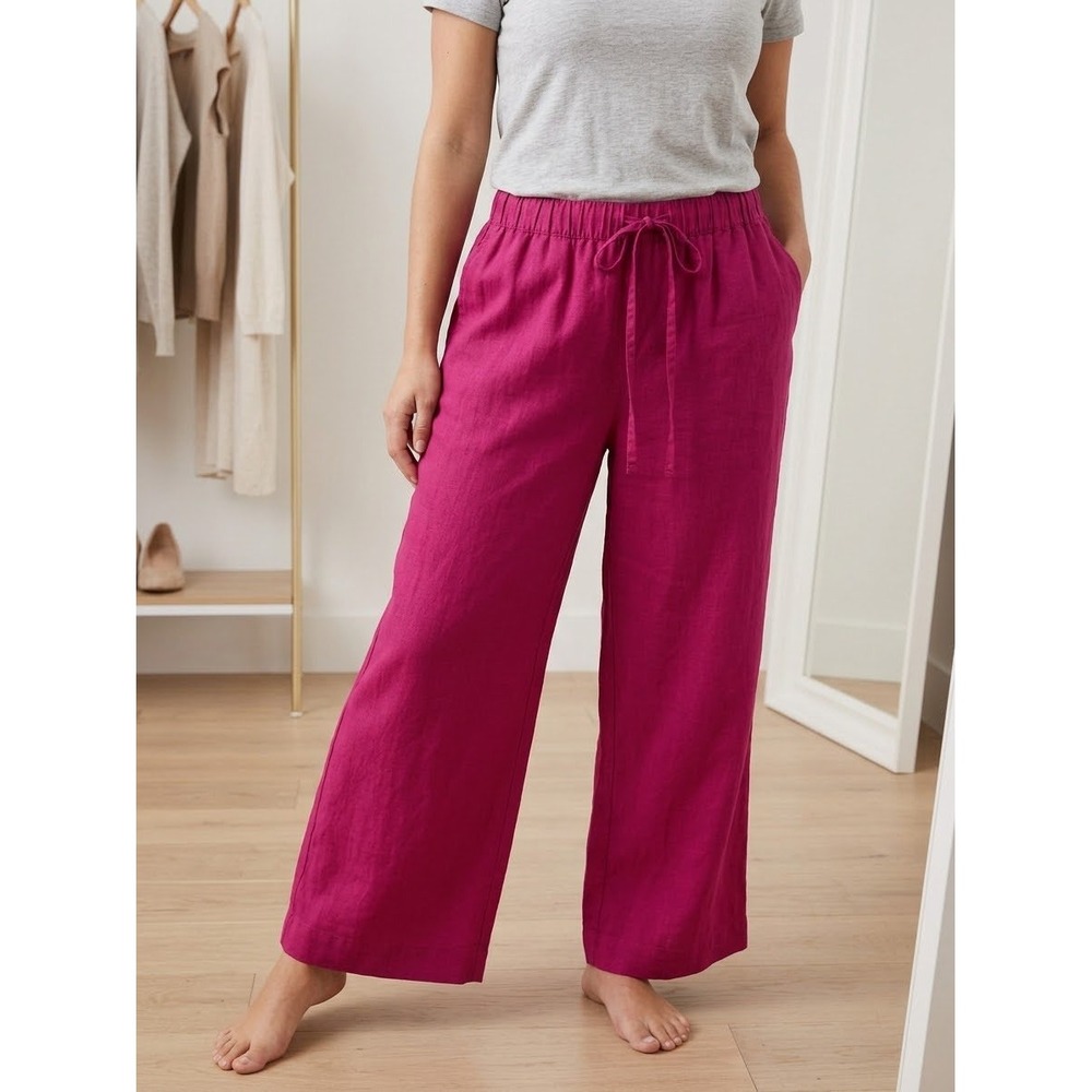 Terra & Sky Wide Leg Pants Women 0X Magenta New Linen Blend Drawstring Pocket